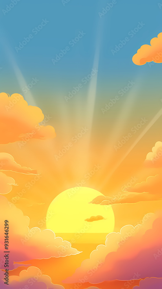 Fototapeta premium The glow of the sky at sunset. Anime style background with shining sun and white fluffy clouds. Sunny day sky scene cartoon vector illustration.