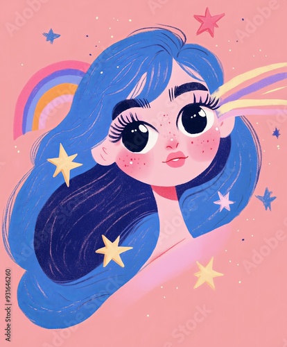 Cute illustration of a girl with big, expressive eyes, blue flowing hair, and surrounded by stars and a rainbow on a pink background, creating a whimsical and dreamy atmosphere.
