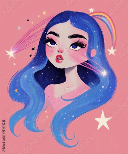 Cute illustration of a girl with big eyes, blue cosmic hair, and starry accents on a pink background, exuding a dreamy, celestial vibe.