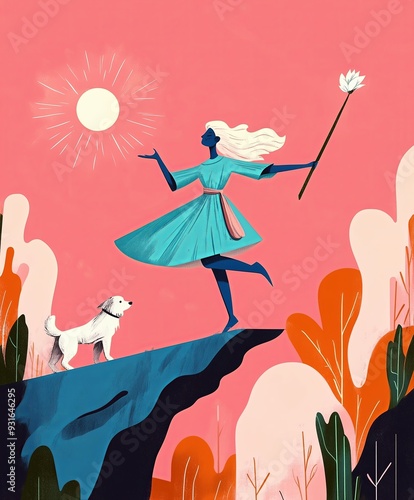 A stylized woman in a blue dress with flowing white hair stands on the edge of a cliff, holding a white flower, with a dog at her side, under a bright sun on a pink background.