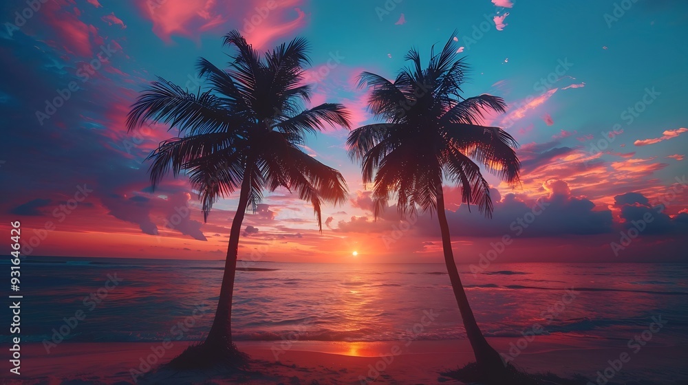 Obraz premium Best most exotic travel landscape Majestic sunset beach Coconut palm tree silhouettes fantastic colorful sky Tropical palms on the beach Summer vacation : Generative AI