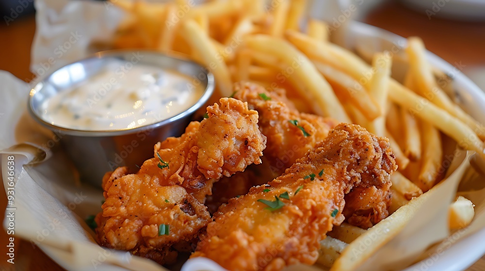 Obraz premium Chicken wings fries fried cheese chicken nuggets and tartar sauce