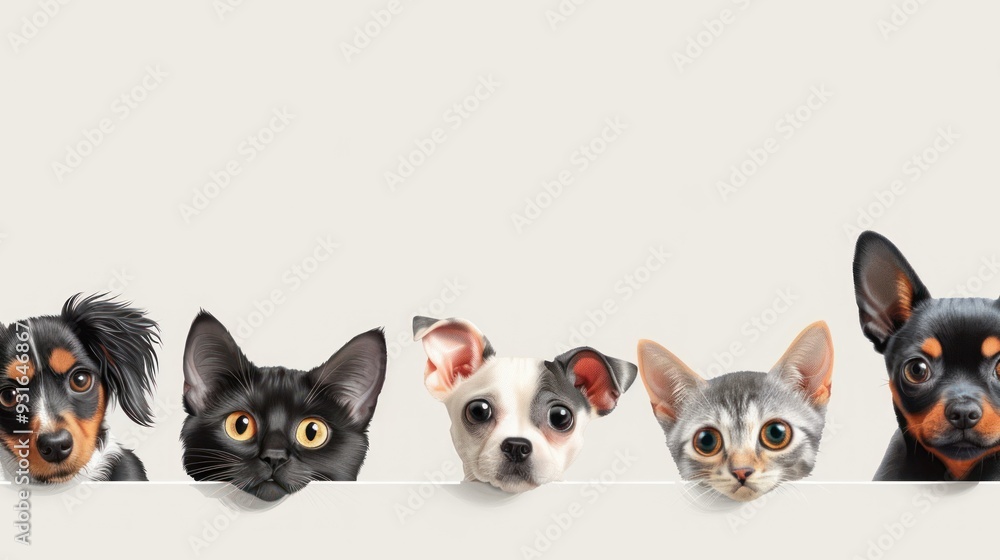 Obraz premium Curious Pets Peeking Over A White Surface
