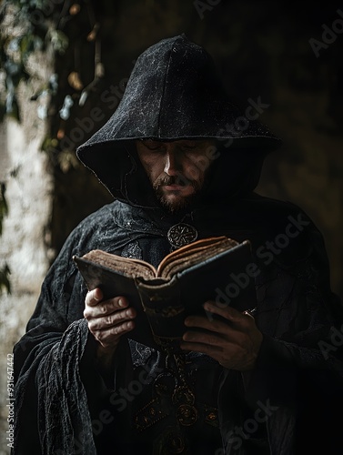 Hooded Sorcerer Reads from Arcane Spellbook in Mysterious Forest Clearing