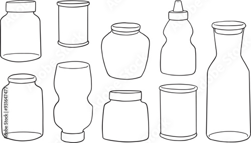 Vector illustration of an engraving style set of different sauces in saucepans and bottles. Ketchup, yogurt, sour cream, mayonnaise, mustard, tar tare sauce, vassabi - Food illustration. Vector set