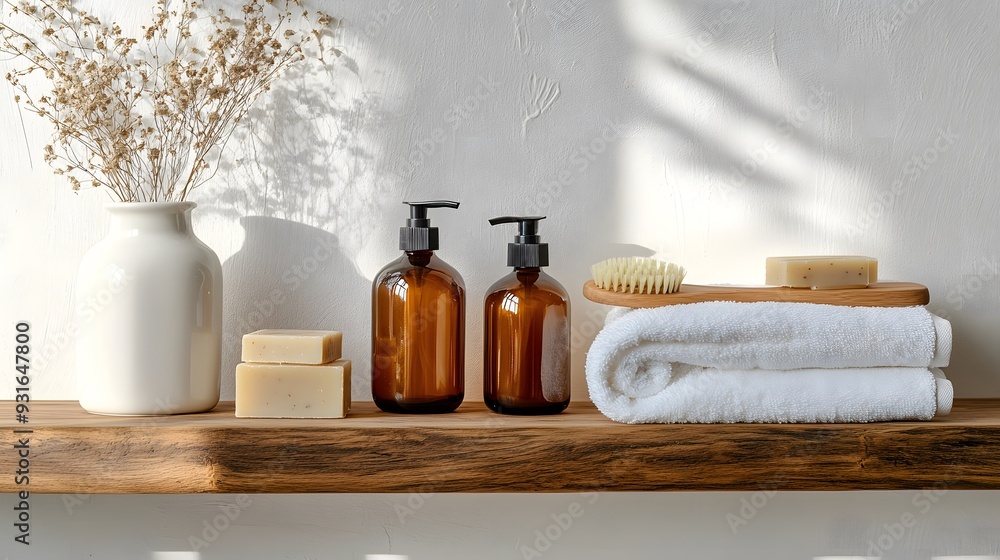 Minimalist bathroom essentials on wooden shelf, white wall background, amber glass pump bottles, white ceramic jar, natural wooden brush, beige soap bars, rolled white towel. Minimalist bathroom essentials on wooden shelf, white wall background, amber glass pump bottles, white ceramic jar, natural wooden brush, beige soap bars, rolled white towel.