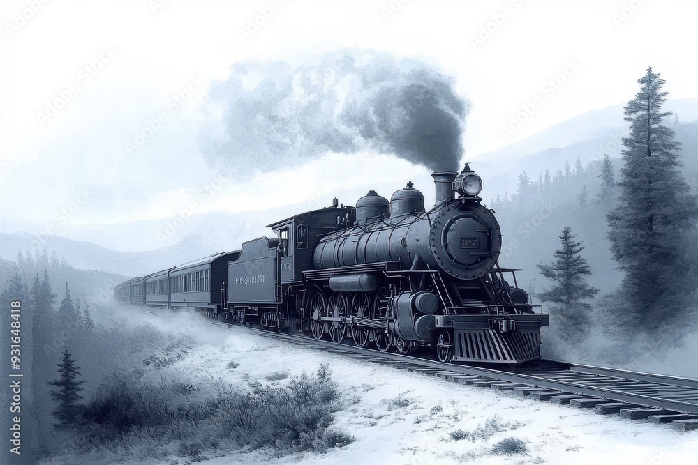 Obraz premium A classic engraving of a Victorian-era steam locomotive chugging along a scenic countryside.