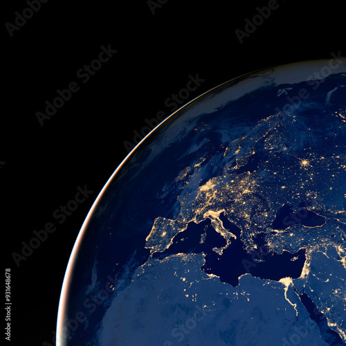 Earth photo at night, City Lights of Europe, Turkey, Italy, Black Sea, Mediterrenian Sea from space, World map on dark globe on satellite photo. Elements of this image furnished by NASA.