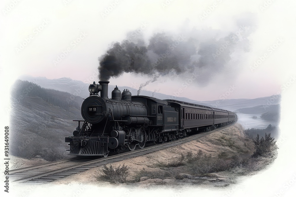 Obraz premium A classic engraving of a Victorian-era steam locomotive chugging along a scenic countryside.