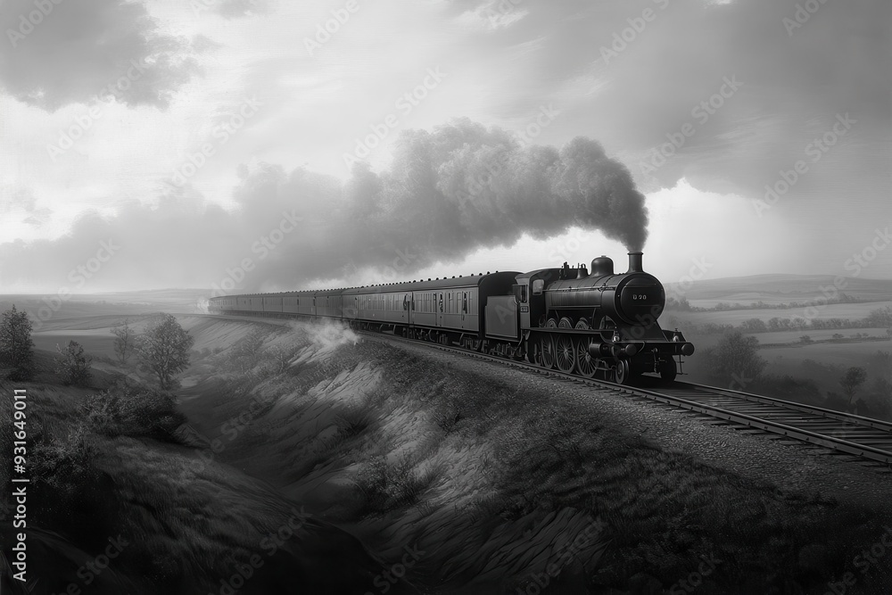 Obraz premium A classic engraving of a Victorian-era steam locomotive chugging along a scenic countryside.