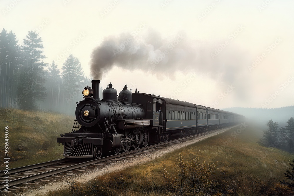 Fototapeta premium A classic engraving of a Victorian-era steam locomotive chugging along a scenic countryside. 