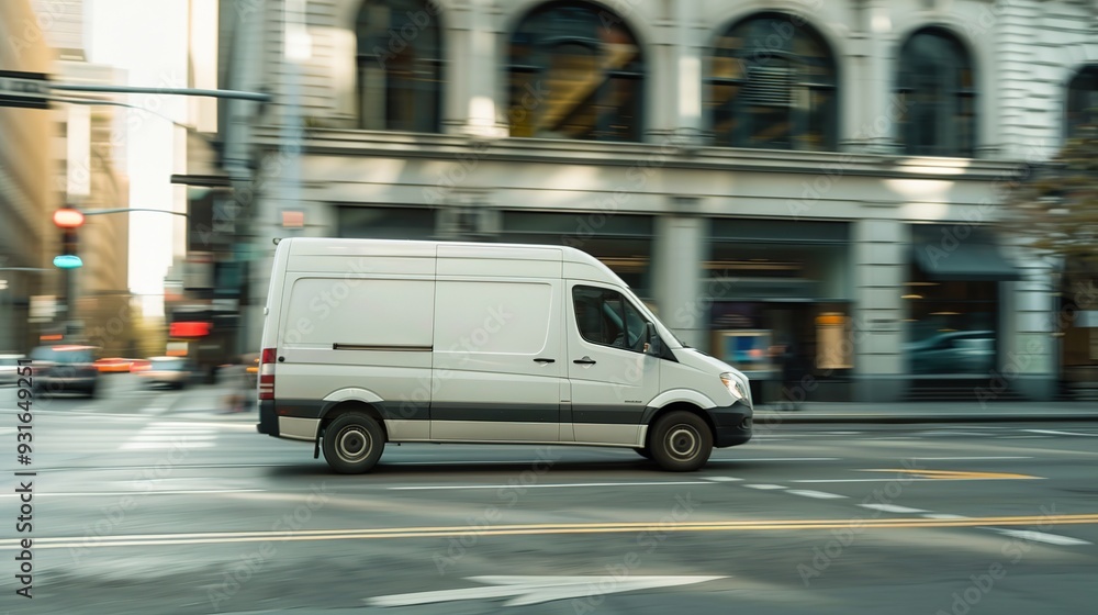 A white delivery van moving through an urban street, showcasing city life and transport. A white delivery van moving through an urban street, showcasing city life and transport.