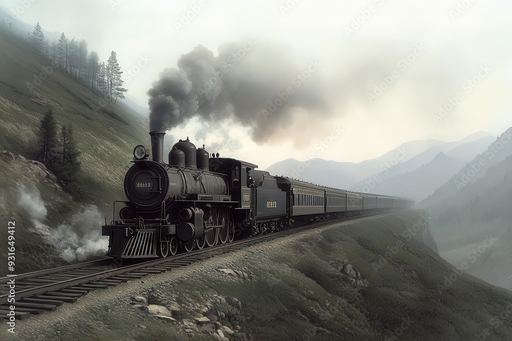 A classic engraving of a Victorian-era steam locomotive chugging along a scenic countryside. A classic engraving of a Victorian-era steam locomotive chugging along a scenic countryside.