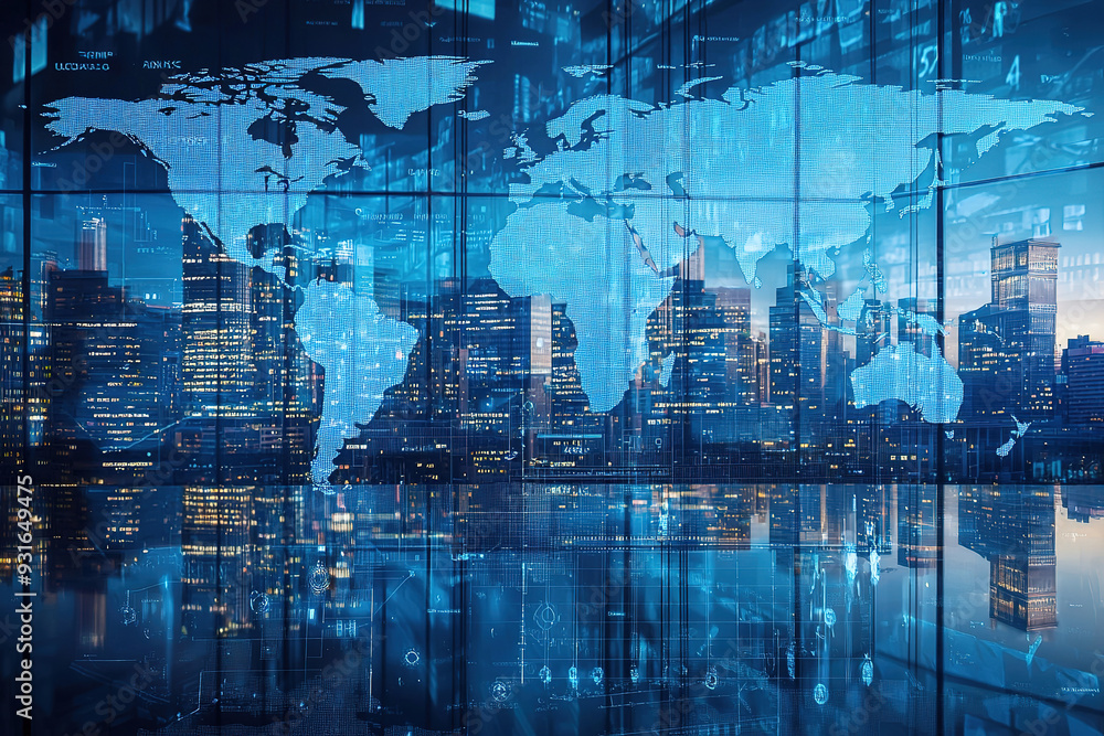 Obraz premium A double exposure of a global map superimposed on a corporate office environment, representing international business and the interconnectedness of global markets