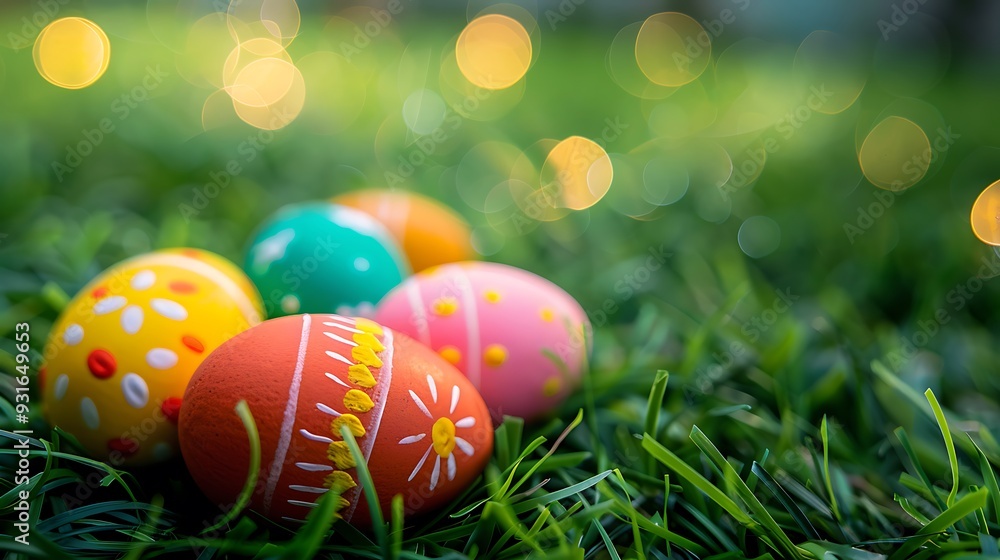 Close up colorful easter eggs on green grass Close up colorful easter eggs on green grass