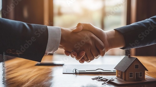 legant close-up handshake between a professional real estate agent and a client with a house model, contract, and keys on the table.real estate closing handshake,successful property deal photo