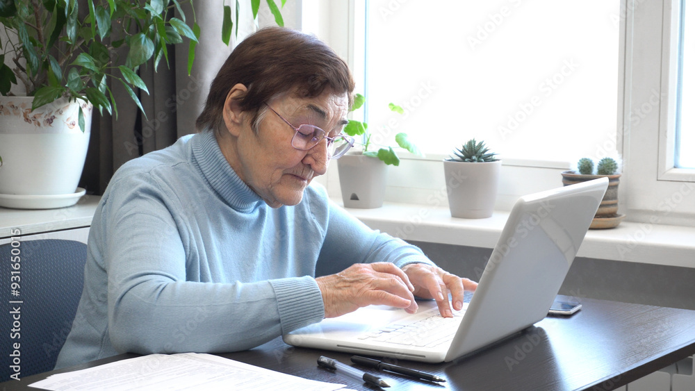 Elderly Woman in Glasses Working on Computer at Home Elderly Woman in Glasses Working on Computer at Home