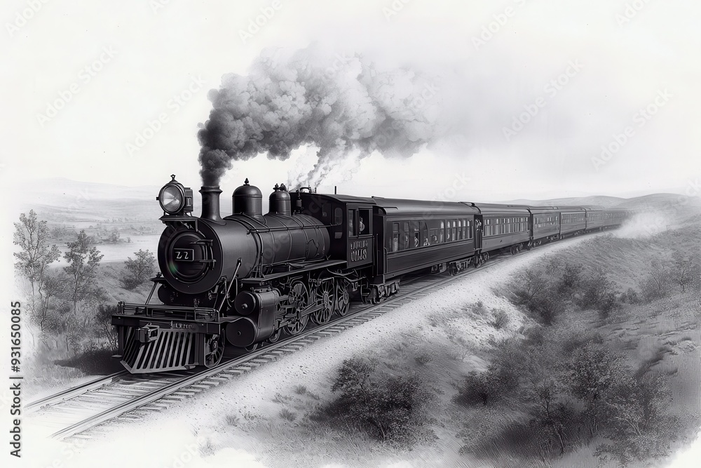 Obraz premium A classic engraving of a Victorian-era steam locomotive chugging along a scenic countryside.