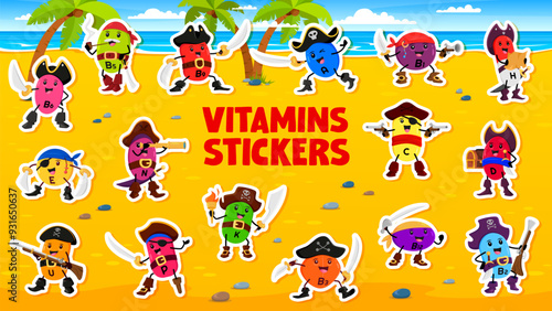 Cartoon vitamin pirate and corsair characters stickers pack. Vector patches of vitamin, E, D, B1, 5 and 9, H or B6. C, U, N and , K, P, B2, B3 and 12 on beach with palm trees, ocean, and bright sky