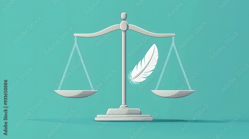 Scales of Justice with Feather on Teal Background Scales of Justice with Feather on Teal Background