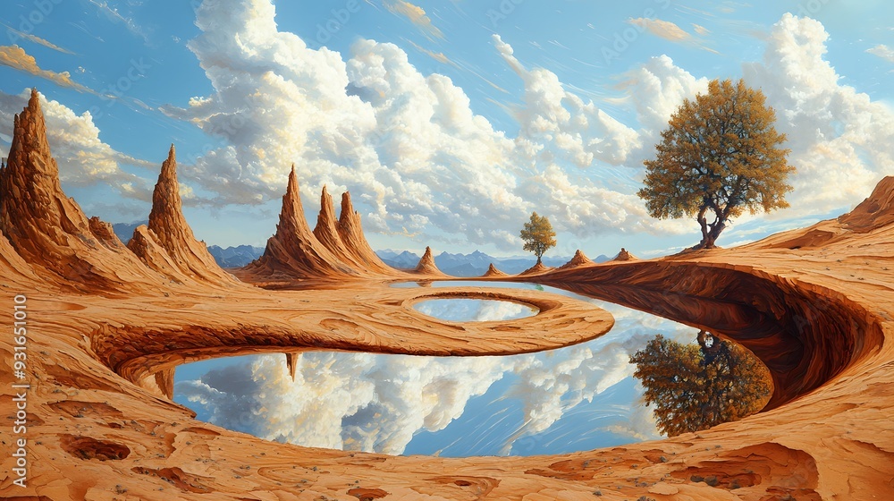 Obraz premium Serene Desert Oasis Reflected in Tranquil Stillwater Amidst Dramatic Canyons and Cloud Filled Sky