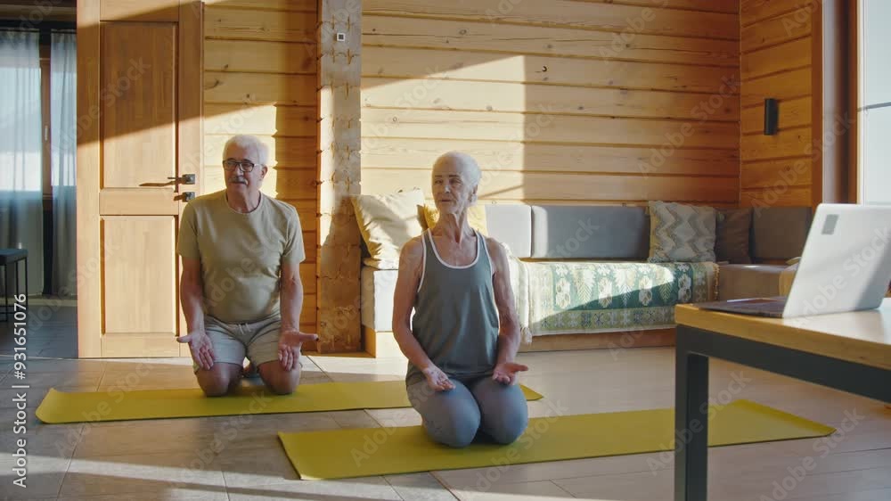 Full shot of elderly retired couple in sports attire sitting on knees on fitness mats, rotating head, warming up neck, while following online exercise lesson on laptop computer, on sunny morning Full shot of elderly retired couple in sports attire sitting on knees on fitness mats, rotating head, warming up neck, while following online exercise lesson on laptop computer, on sunny morning