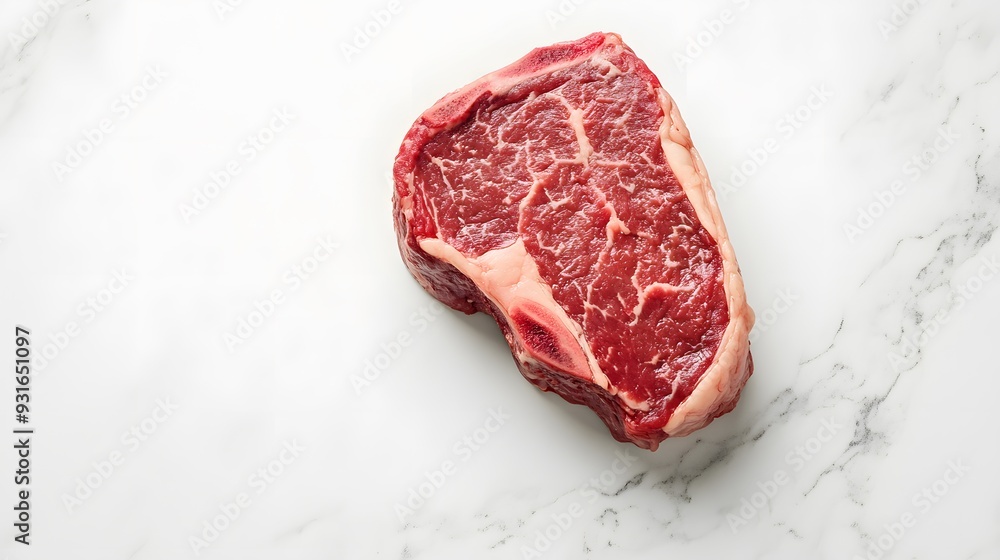 Raw marbled beef steak on white marble countertop, high-contrast food photography, premium cut of meat, rich red color, intricate fat marbling, gourmet cuisine. Raw marbled beef steak on white marble countertop, high-contrast food photography, premium cut of meat, rich red color, intricate fat marbling, gourmet cuisine.