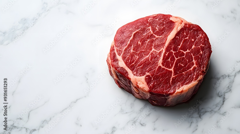 Raw marbled beef steak on white marble countertop, high-contrast food photography, premium cut of meat, rich red color, intricate fat marbling, gourmet cuisine. Raw marbled beef steak on white marble countertop, high-contrast food photography, premium cut of meat, rich red color, intricate fat marbling, gourmet cuisine.