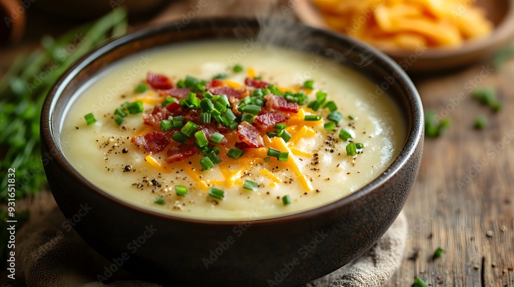 Single bowl of creamy potato soup, colorful toppings, crispy bacon bits, fresh chives, shredded cheddar cheese, cracked black pepper, rustic wooden table, comfort food. Single bowl of creamy potato soup, colorful toppings, crispy bacon bits, fresh chives, shredded cheddar cheese, cracked black pepper, rustic wooden table, comfort food.