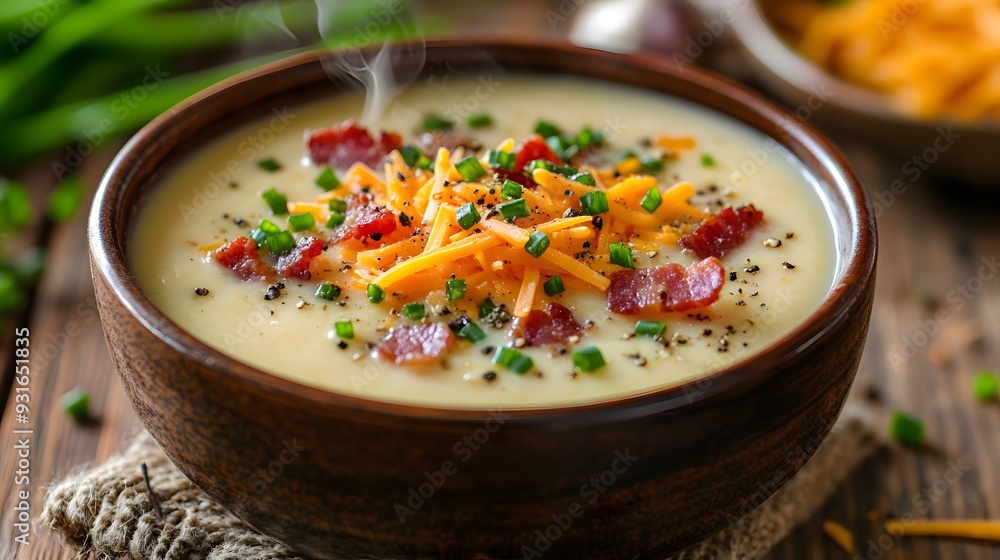 Single bowl of creamy potato soup, colorful toppings, crispy bacon bits, fresh chives, shredded cheddar cheese, cracked black pepper, rustic wooden table, comfort food. Single bowl of creamy potato soup, colorful toppings, crispy bacon bits, fresh chives, shredded cheddar cheese, cracked black pepper, rustic wooden table, comfort food.