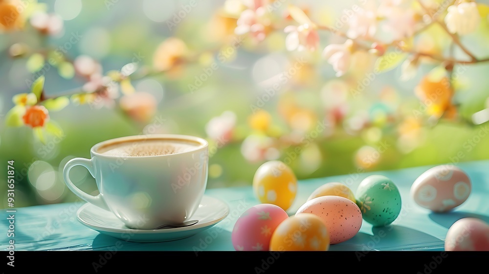 Close up of colorful easter eggs with cup of coffee on table table decorated for easter breakfast Close up of colorful easter eggs with cup of coffee on table table decorated for easter breakfast