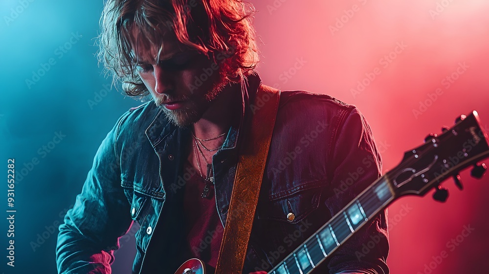 Fototapeta premium Talented Musician Performing on Stage with Electric Guitar at Rock Concert