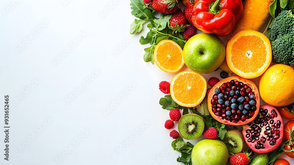 Vibrant Assortment of Fresh Organic Fruits and Vegetables on Bright Background Vibrant Assortment of Fresh Organic Fruits and Vegetables on Bright Background