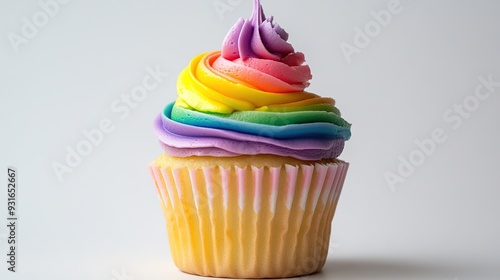 Rainbow Cupcake with Vibrant, Multi-Colored Frosting. A Delightful Treat Featuring Layers of Bright, Swirled Colors on Top of a Classic Cupcake Base, Perfect for Celebrations and Desserts.