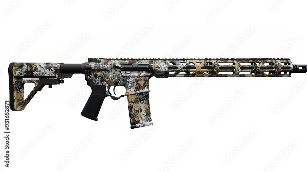 Advanced Precision Rifle with Multi-Color Digital Camo Pattern. Features a Free-Floating M-LOK Handguard and Adjustable Stock, Showcased Against a Plain Background, Highlighting the Rifle's Modern Des Advanced Precision Rifle with Multi-Color Digital Camo Pattern. Features a Free-Floating M-LOK Handguard and Adjustable Stock, Showcased Against a Plain Background, Highlighting the Rifle's Modern Des
