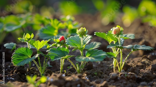 Close up of strawberry seedlings greening and blooming in spring photo