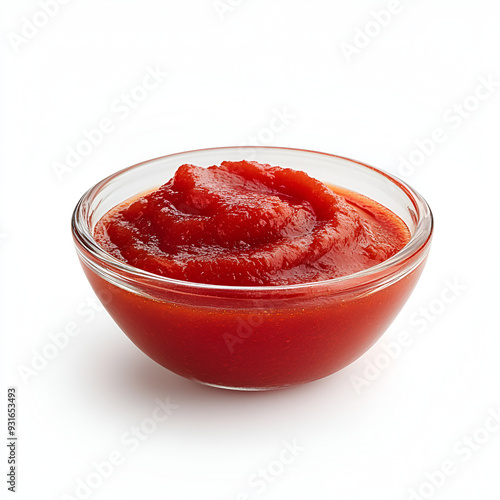 Natural tomato puree in glass transparent bowl, full, white background