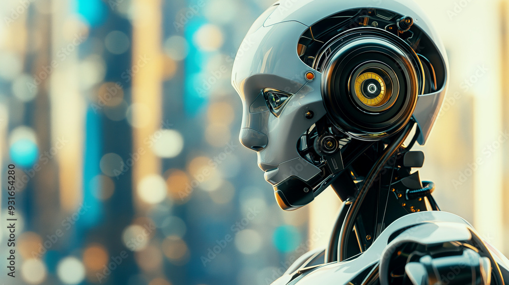 Futuristic robotic humanoid with intricate details in profile view. Copy space. Generative AI Futuristic robotic humanoid with intricate details in profile view. Copy space. Generative AI