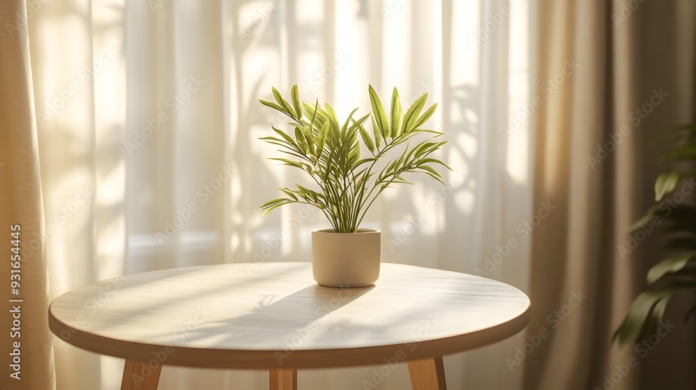 White wooden round table, minimalist Scandinavian design, soft beige curtains background, potted plant, natural sunlight, cozy interior, warm tones, clean lines. White wooden round table, minimalist Scandinavian design, soft beige curtains background, potted plant, natural sunlight, cozy interior, warm tones, clean lines.