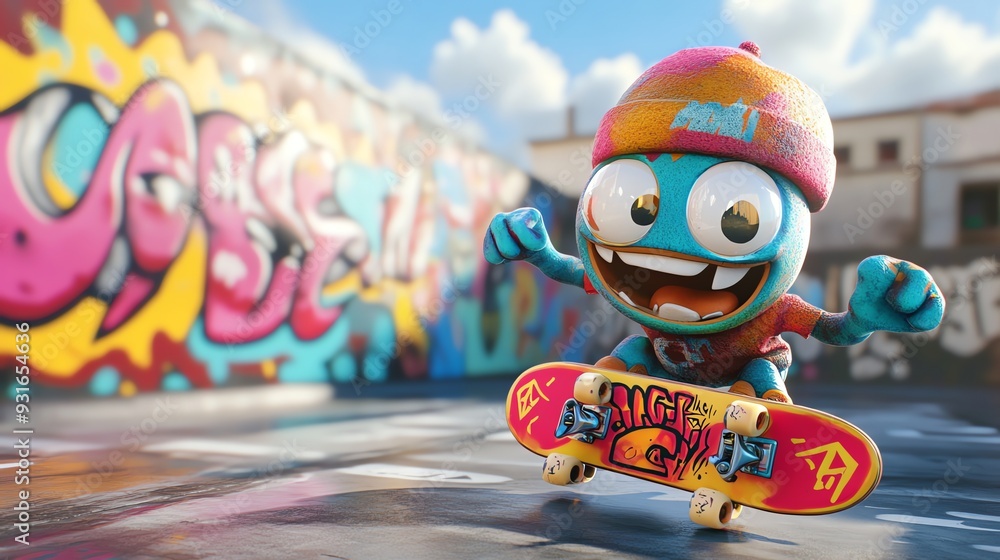 A cartoon character is skateboarding. A cartoon character is skateboarding.