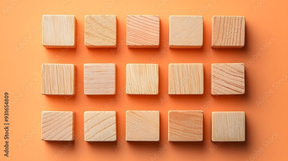 Wooden blocks arranged in grid pattern, light orange background, minimalist composition, copy space for text, clean aesthetic, natural wood texture, geometric shapes. Wooden blocks arranged in grid pattern, light orange background, minimalist composition, copy space for text, clean aesthetic, natural wood texture, geometric shapes.