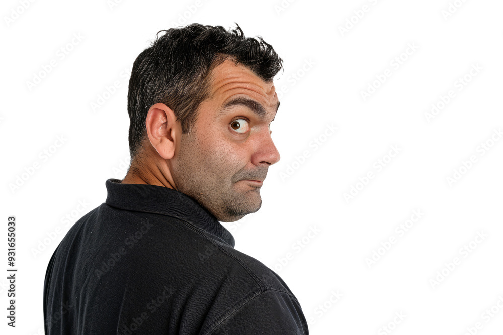 Portrait of a man with an anxious look checking over his shoulder, symbolizing paranoia, on a white backdrop. Portrait of a man with an anxious look checking over his shoulder, symbolizing paranoia, on a white backdrop.