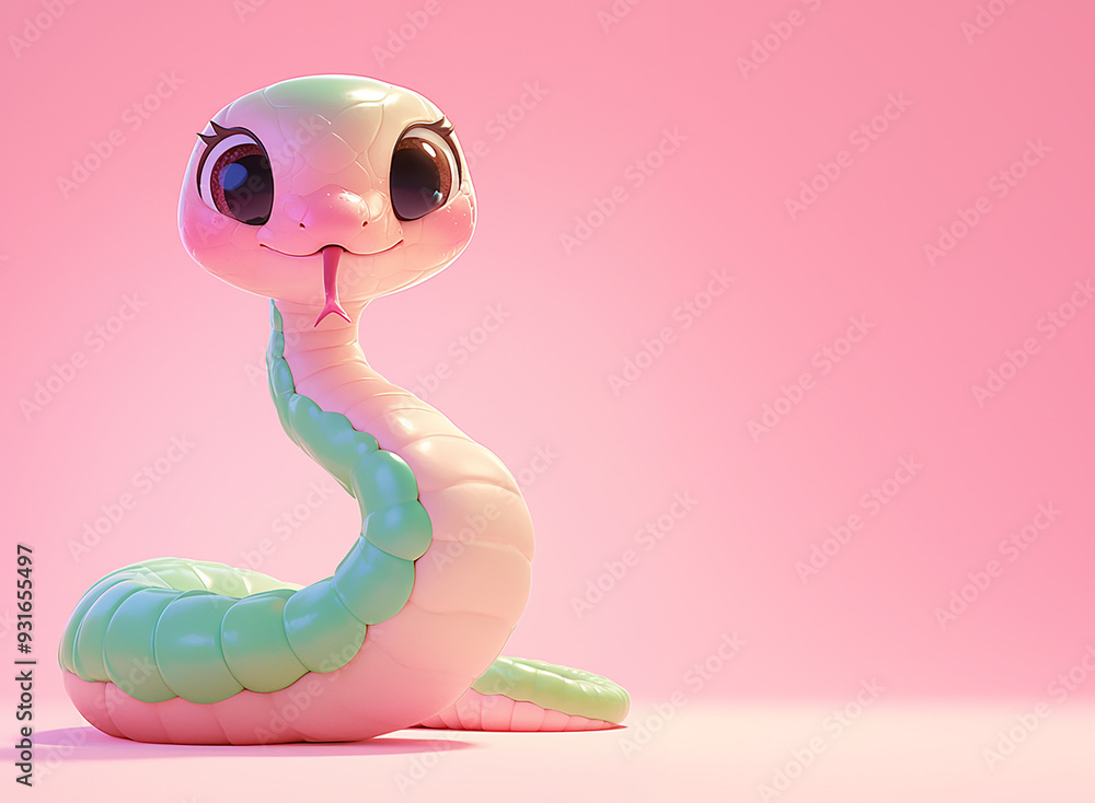 Fototapeta premium 2025 A cartoon snake with a pink and green body and a pink head