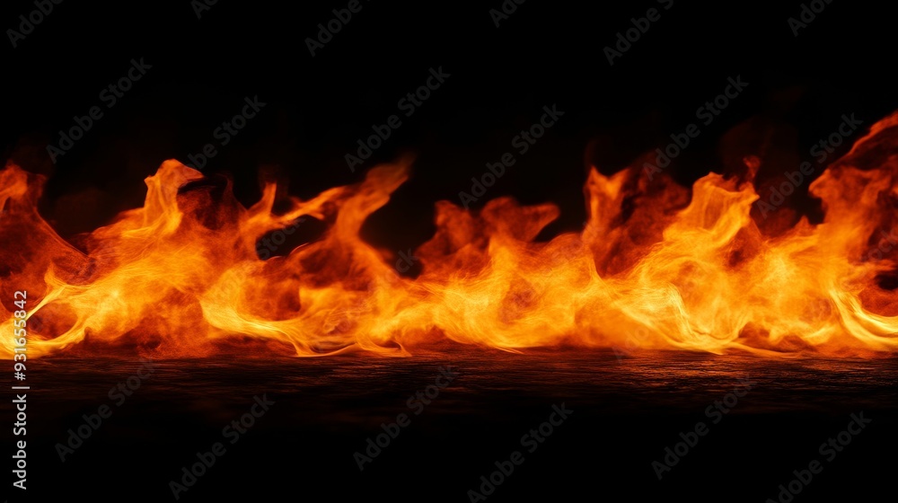 Row of flames against black background, fiery Row of flames against black background, fiery