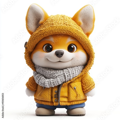 Cute Happy Dingo Isolated on White Background Wearing Cold Weather or Winter Outfit. Cartoon Character - Mascot