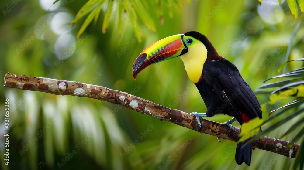 Naklejka premium Toucan perched on a branch in a tropical rainforest its colorful beak vivid against the lush green background