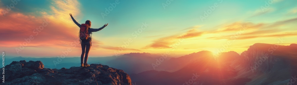 A hiker stands triumphantly on a mountain peak, with arms raised, against a vibrant sunset backdrop illuminating the landscape A hiker stands triumphantly on a mountain peak, with arms raised, against a vibrant sunset backdrop illuminating the landscape