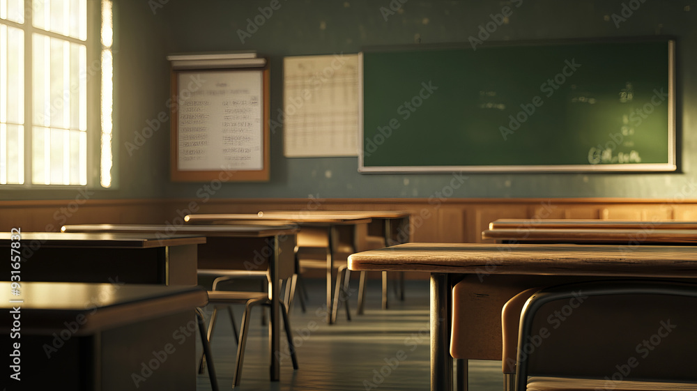 An empty teacher's desk is positioned at the front of a classroom, with the background showcasing the typical classroom setting. The scene captures the An empty teacher's desk is positioned at the front of a classroom, with the background showcasing the typical classroom setting. The scene captures the