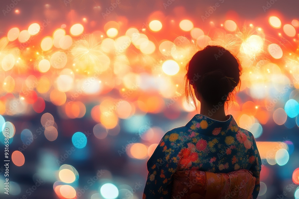 A silhouette of a person in a colorful yukata overlooking a vibrant, illuminated city at night and fireworks, creating a dreamy and enchanting atmosphere A silhouette of a person in a colorful yukata overlooking a vibrant, illuminated city at night and fireworks, creating a dreamy and enchanting atmosphere