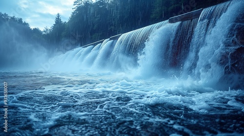 Hydroelectric Dam Spillway in Rainstorm. Close-up view of a hydroelectric dam’s spillway during a rainstorm, with water pouring down powerfully, emphasizing the force of nature and human engineering.